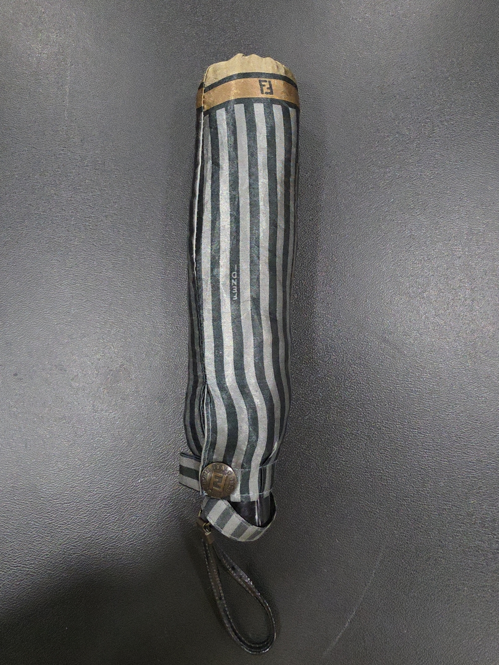 Fendi Black and Gray Striped Folding Umbrella with Gold Accent